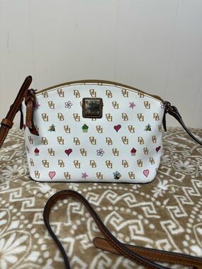 Dooney & Bourke Greta White Signature Print Crossbody with Multicolor Motifs